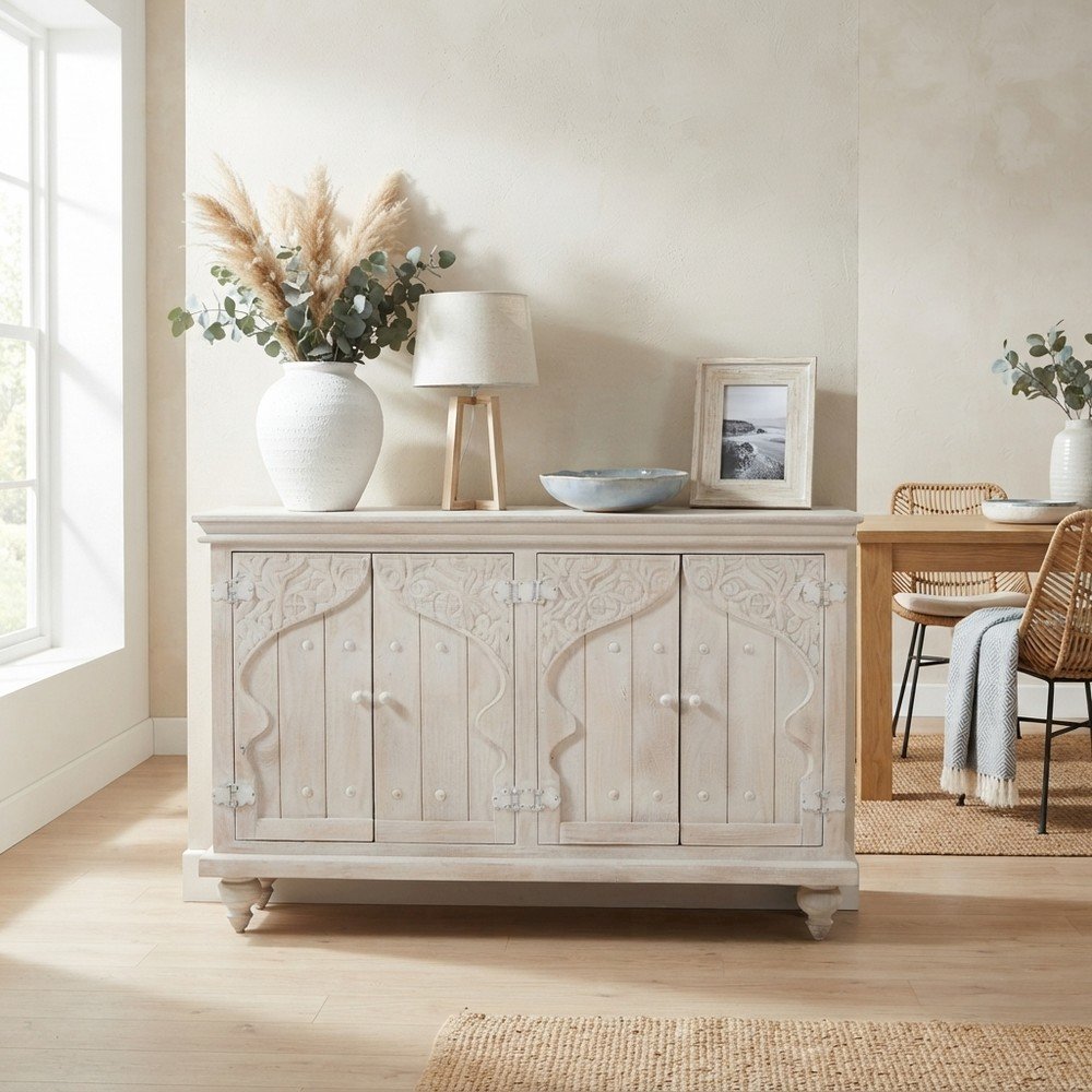 Hand-Carved Mango Wood Distressed Four-Door Sideboard Buffet Cabinet, White Wash
