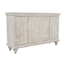 Hand-Carved Mango Wood Distressed Four-Door Sideboard Buffet Cabinet, White Wash