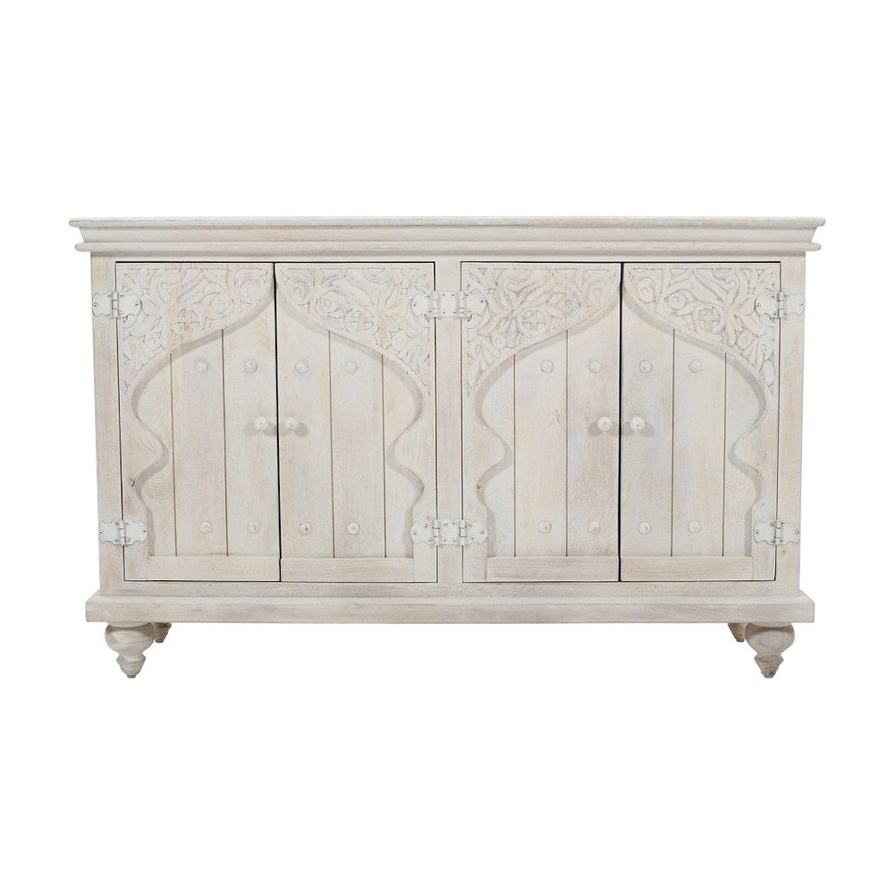 Hand-Carved Mango Wood Distressed Four-Door Sideboard Buffet Cabinet, White Wash