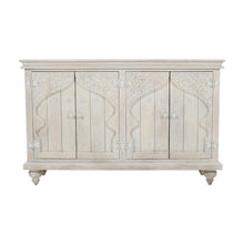 Hand-Carved Mango Wood Distressed Four-Door Sideboard Buffet Cabinet, White Wash