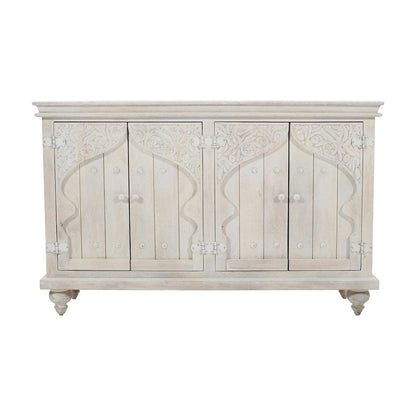 Hand-Carved Mango Wood Distressed Four-Door Sideboard Buffet Cabinet, White Wash