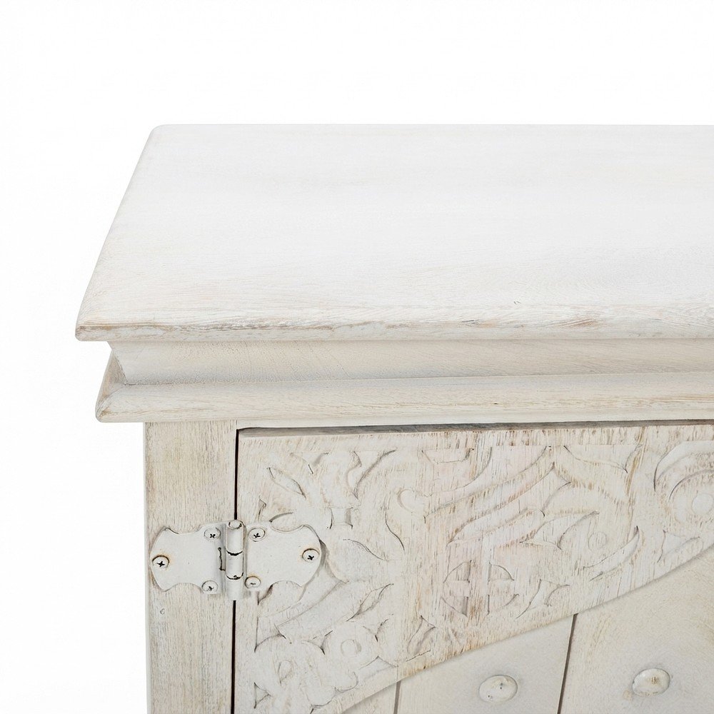 Hand-Carved Mango Wood Distressed Four-Door Sideboard Buffet Cabinet, White Wash