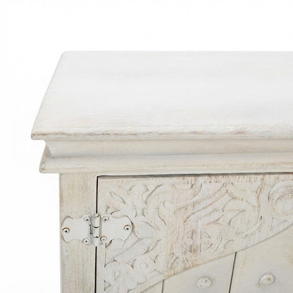 Hand-Carved Mango Wood Distressed Four-Door Sideboard Buffet Cabinet, White Wash