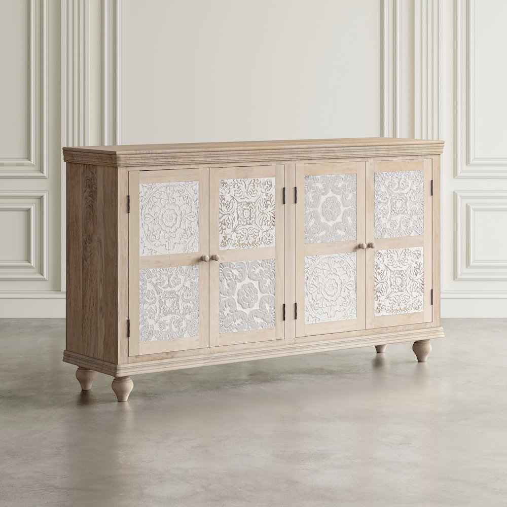 Adele 71" Hand Carved Solid Wood Rustic Four-Door Sideboard Cabinet