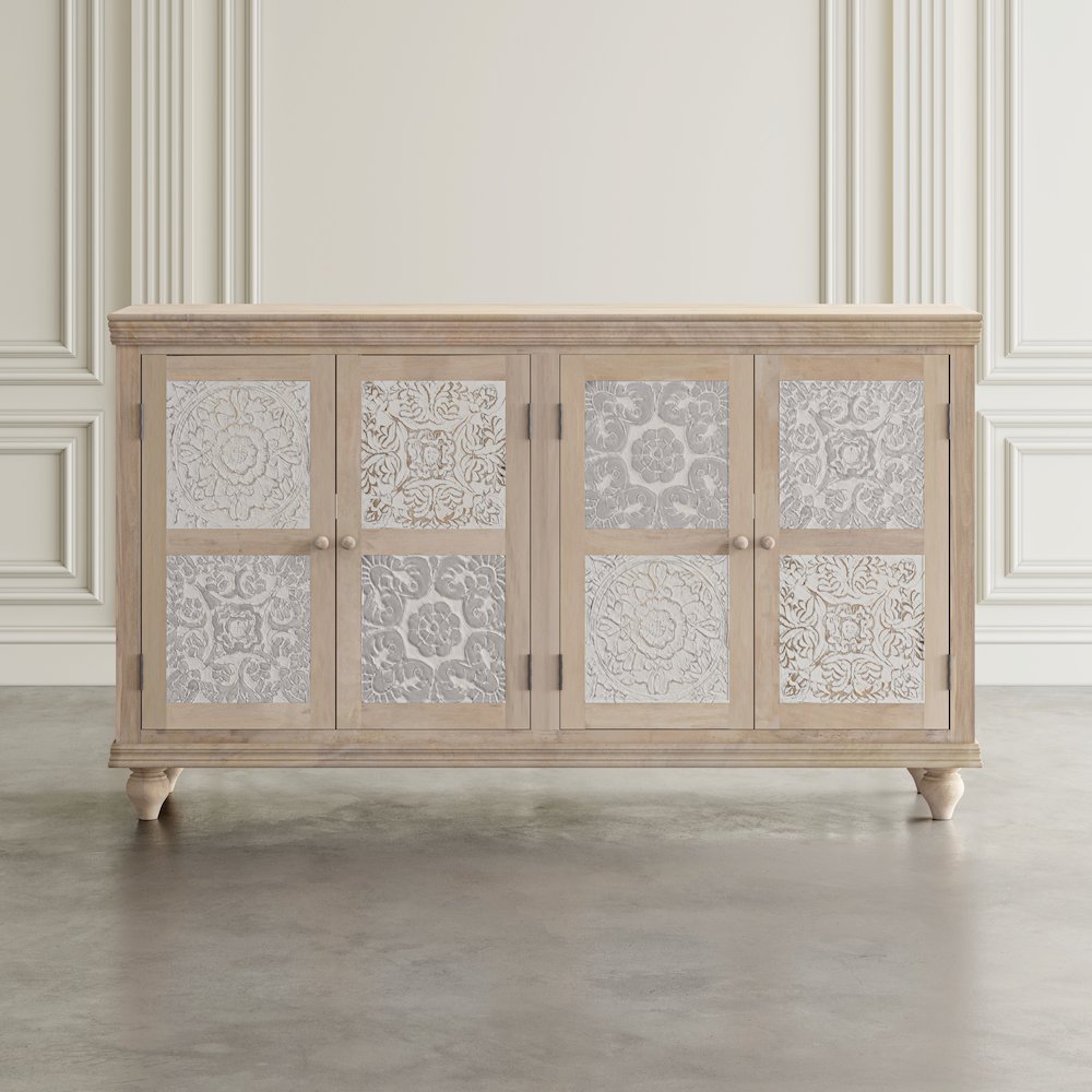 Adele 71" Hand Carved Solid Wood Rustic Four-Door Sideboard Cabinet