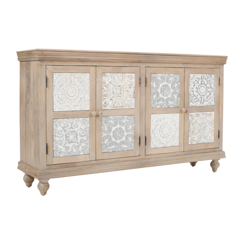 Adele 71" Hand Carved Solid Wood Rustic Four-Door Sideboard Cabinet
