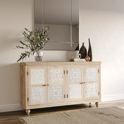 Adele 71" Hand Carved Solid Wood Rustic Four-Door Sideboard Cabinet