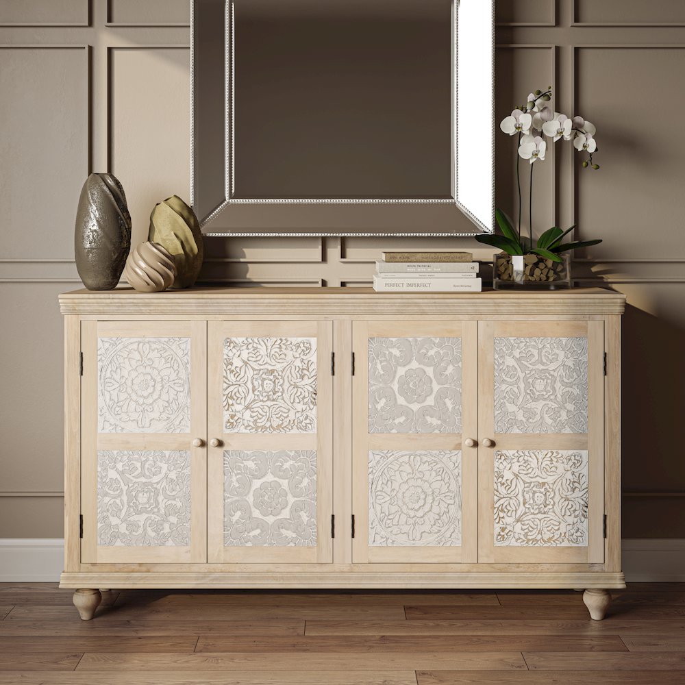 Adele 71" Hand Carved Solid Wood Rustic Four-Door Sideboard Cabinet