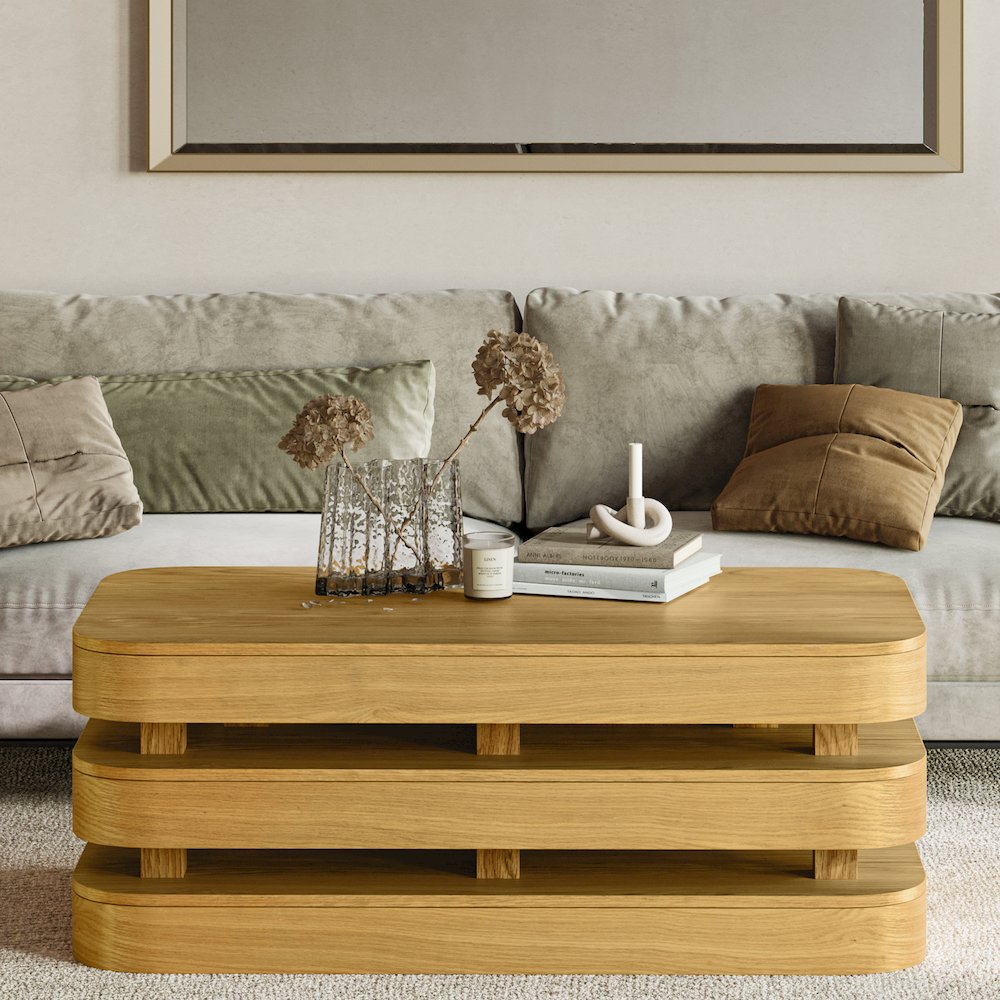Mid-Century Modern Floating Sculpture Layered Coffee Table with Caster Wheels