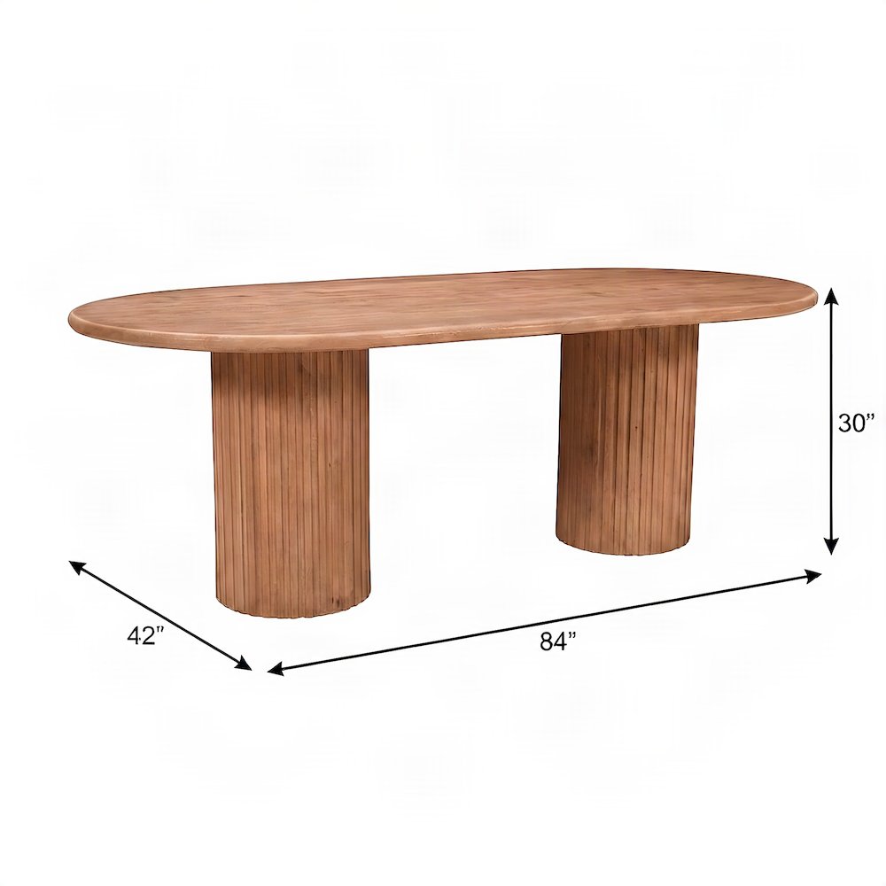 Solid Mango Wood Fluted Double Pedestal Dining Table, Mid-Century, Brown