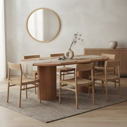 Solid Mango Wood Fluted Double Pedestal Dining Table, Mid-Century, Brown