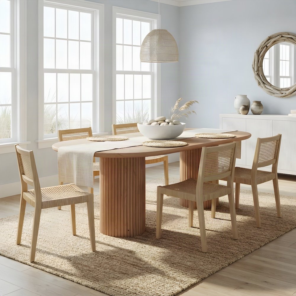 Solid Mango Wood Fluted Double Pedestal Dining Table, Mid-Century, Brown