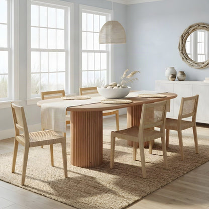 Solid Mango Wood Fluted Double Pedestal Dining Table, Mid-Century, Brown