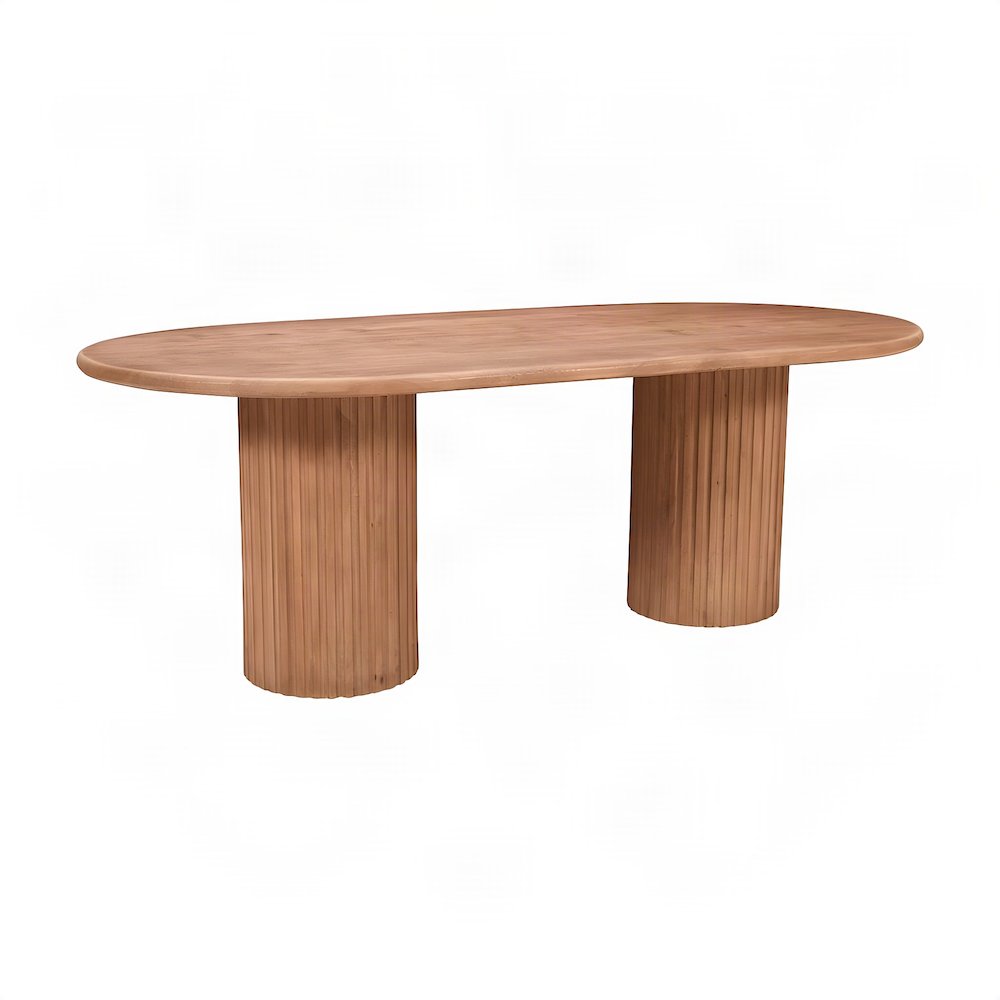 Solid Mango Wood Fluted Double Pedestal Dining Table, Mid-Century, Brown