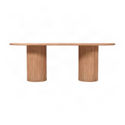 Solid Mango Wood Fluted Double Pedestal Dining Table, Mid-Century, Brown