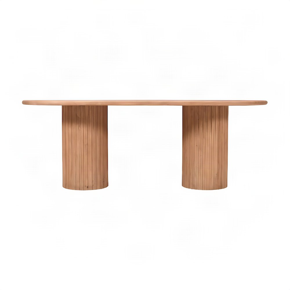 Solid Mango Wood Fluted Double Pedestal Dining Table, Mid-Century, Brown