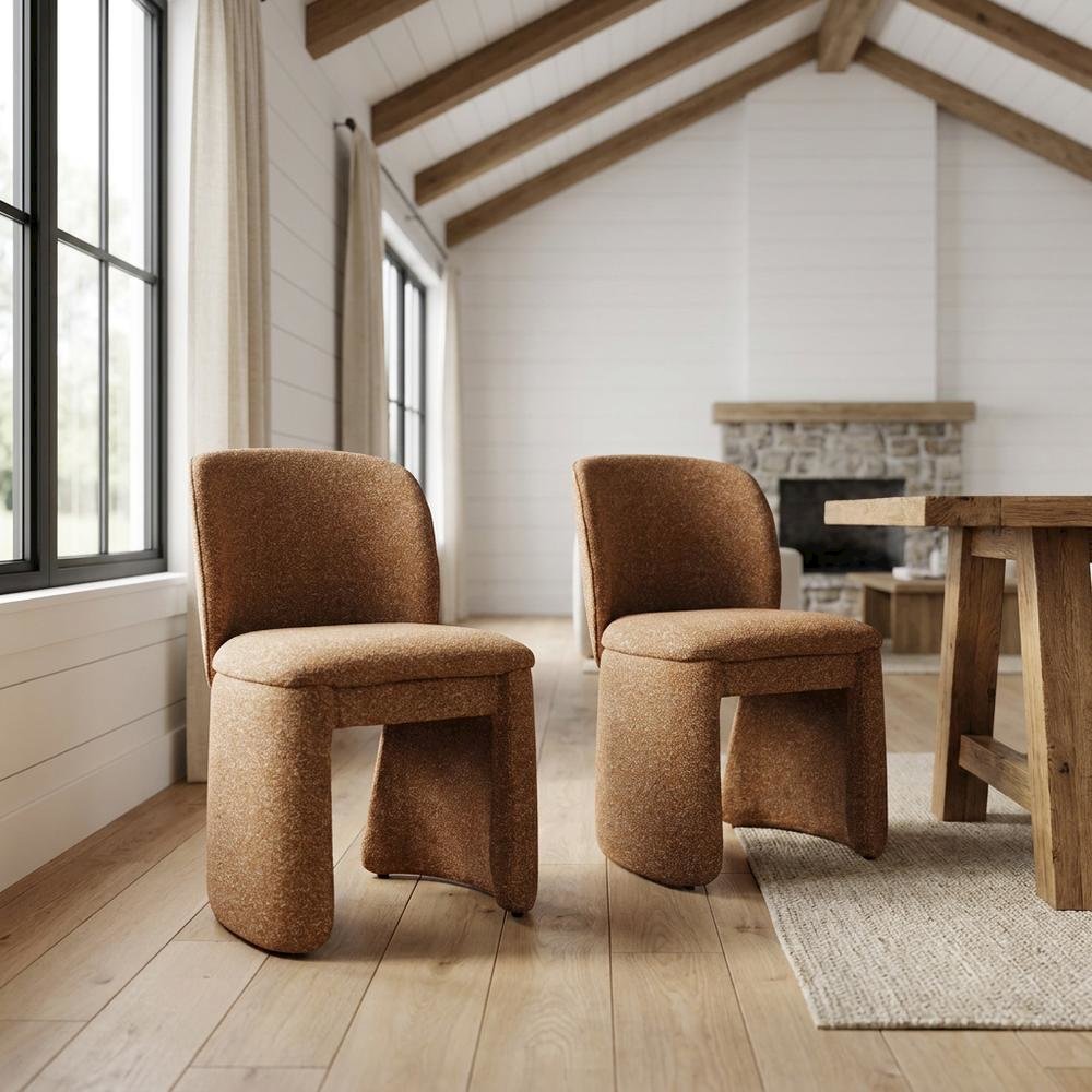 Polyester-Upholstered Mid-Century Modern Curved Dining Chairs, Brick, Set of 2