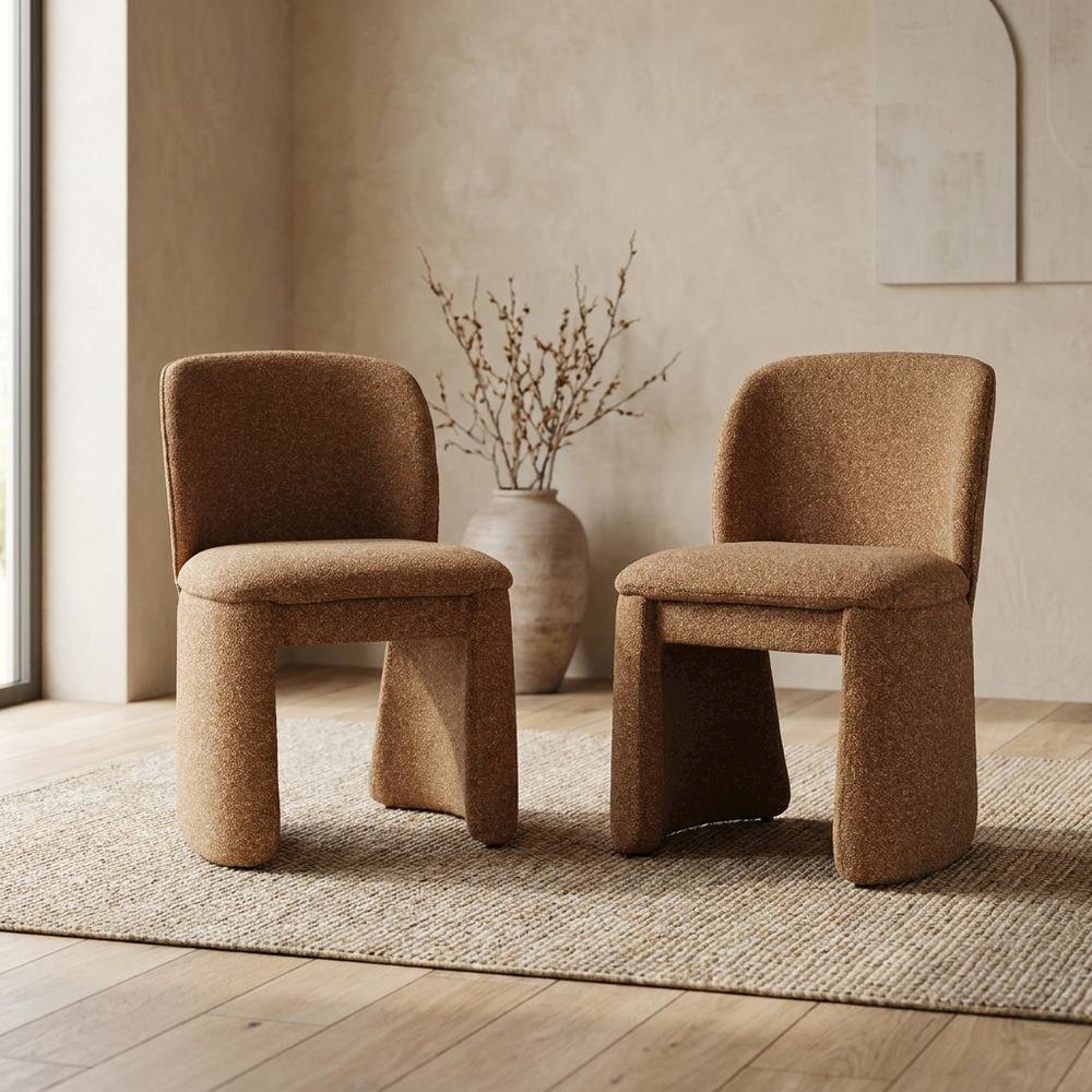 Polyester-Upholstered Mid-Century Modern Curved Dining Chairs, Brick, Set of 2