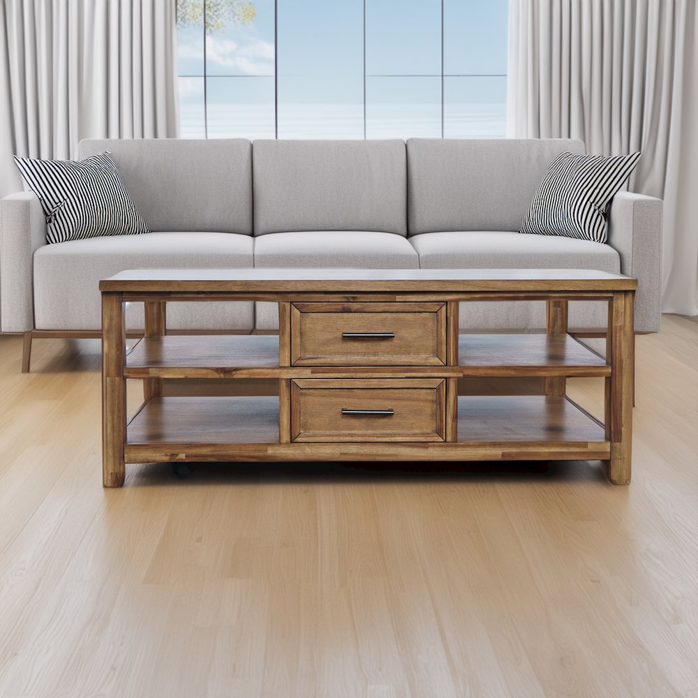 Claremont 48" Transitional Rustic Wood Coffee Table with Wheels