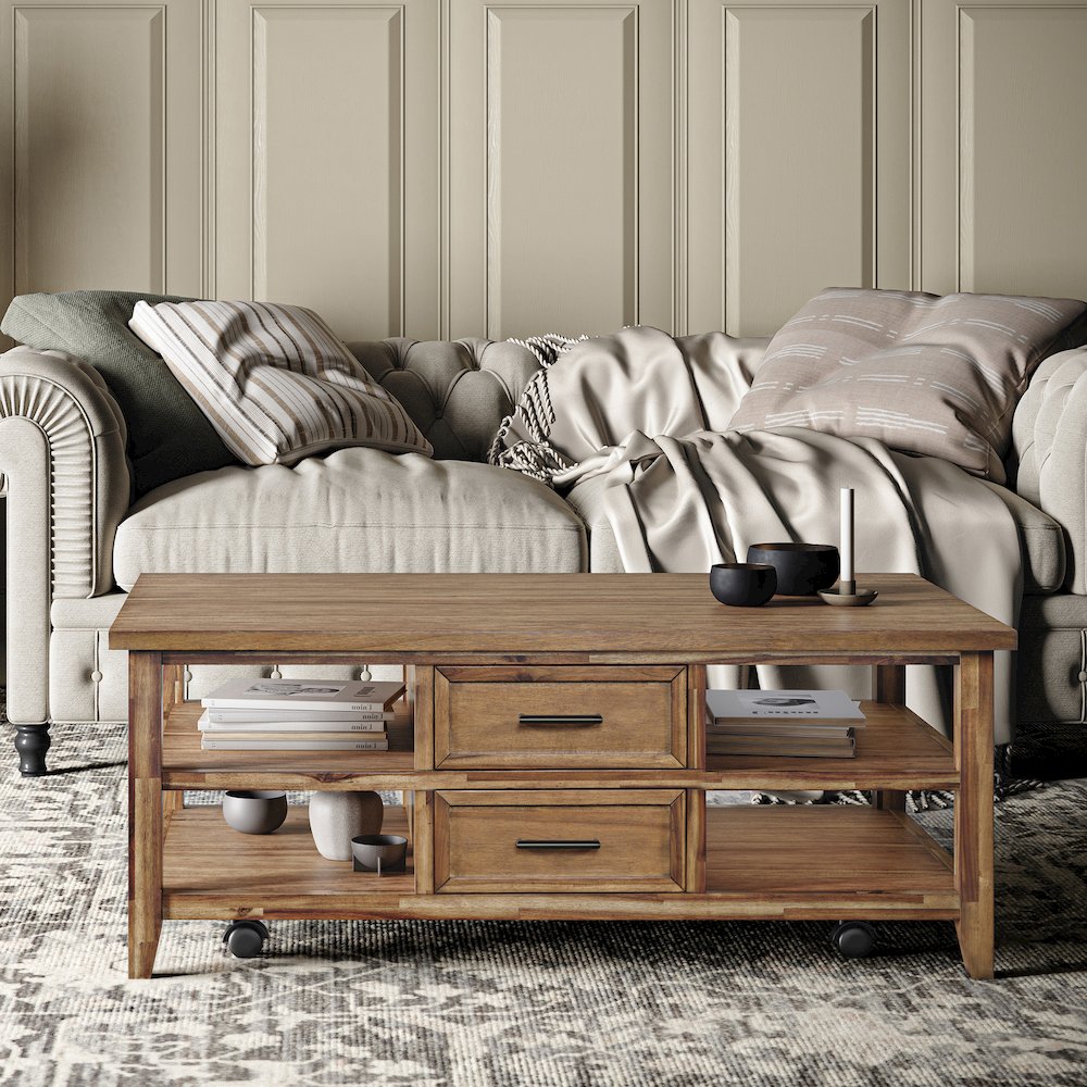 Claremont 48" Transitional Rustic Wood Coffee Table with Wheels