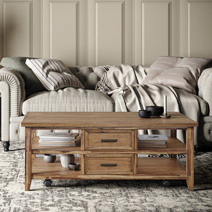 Claremont 48" Transitional Rustic Wood Coffee Table with Wheels