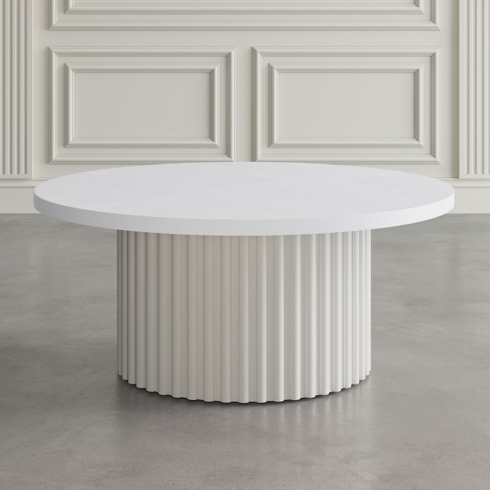40" Round Mid-Century Fluted Pedestal Base Coffee Table with Caster Wheels