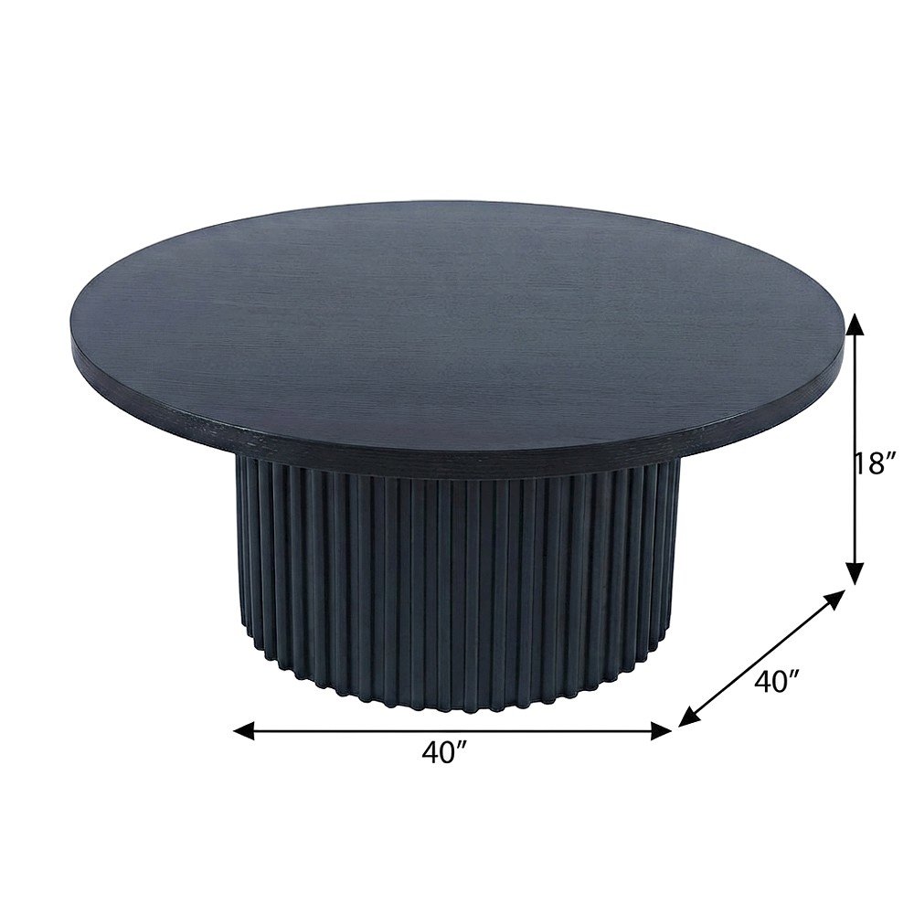 Acacia Veneer Round Mid-Century Coffee Table, Fluted Pedestal Base, Black