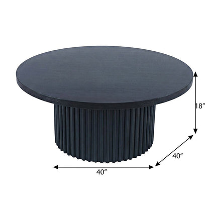 Acacia Veneer Round Mid-Century Coffee Table, Fluted Pedestal Base, Black