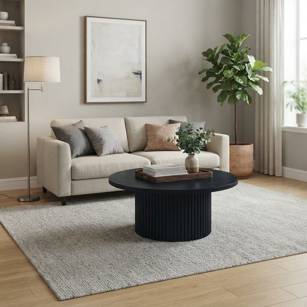 Acacia Veneer Round Mid-Century Coffee Table, Fluted Pedestal Base, Black