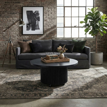 Acacia Veneer Round Mid-Century Coffee Table, Fluted Pedestal Base, Black