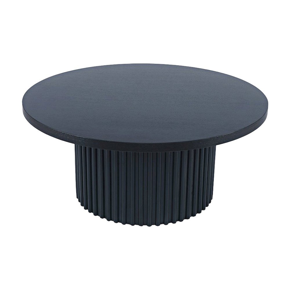 Acacia Veneer Round Mid-Century Coffee Table, Fluted Pedestal Base, Black