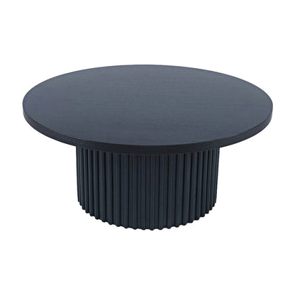 Acacia Veneer Round Mid-Century Coffee Table, Fluted Pedestal Base, Black