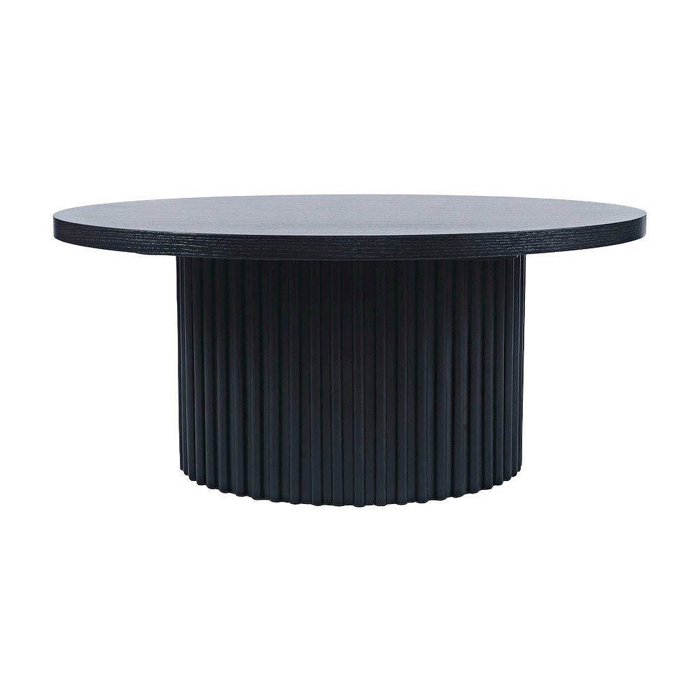 Acacia Veneer Round Mid-Century Coffee Table, Fluted Pedestal Base, Black