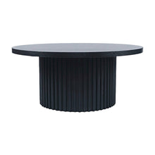 Acacia Veneer Round Mid-Century Coffee Table, Fluted Pedestal Base, Black