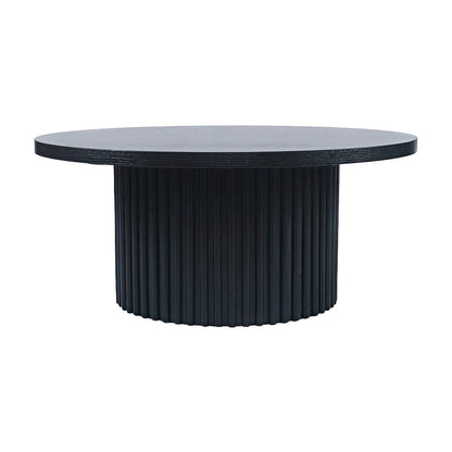 Acacia Veneer Round Mid-Century Coffee Table, Fluted Pedestal Base, Black
