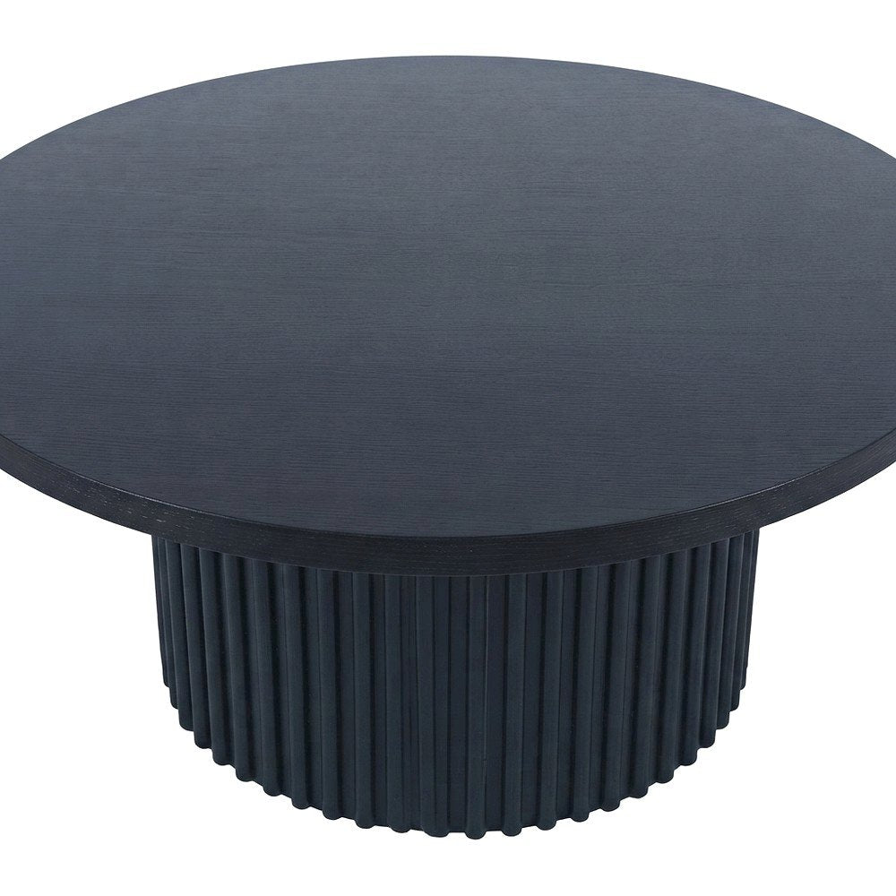 Acacia Veneer Round Mid-Century Coffee Table, Fluted Pedestal Base, Black