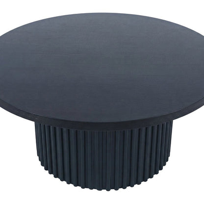 Acacia Veneer Round Mid-Century Coffee Table, Fluted Pedestal Base, Black