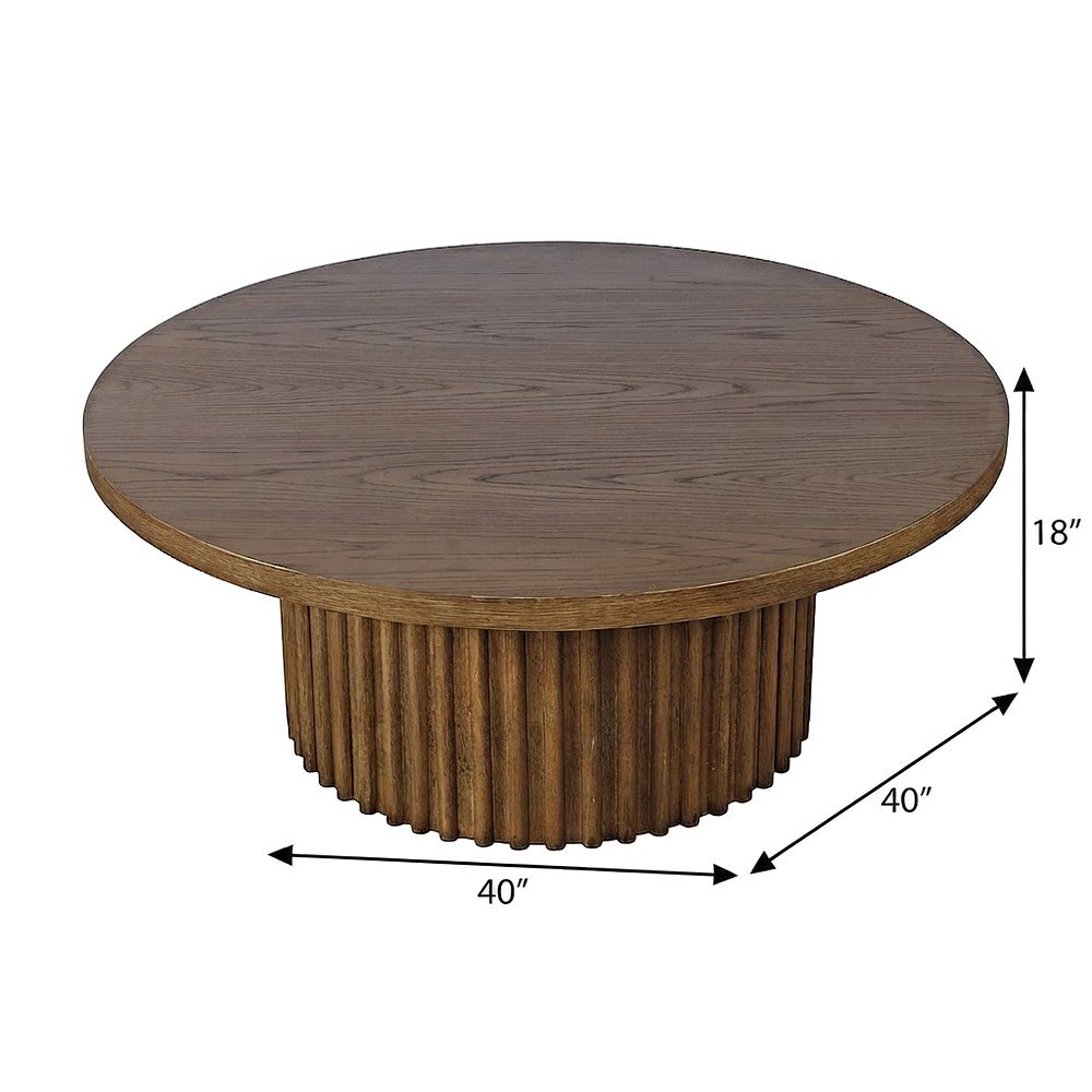Acacia Veneer Round Mid-Century Coffee Table, Fluted Pedestal Base, Chestnut