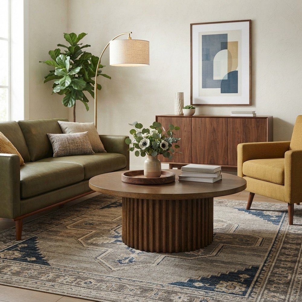 Acacia Veneer Round Mid-Century Coffee Table, Fluted Pedestal Base, Chestnut