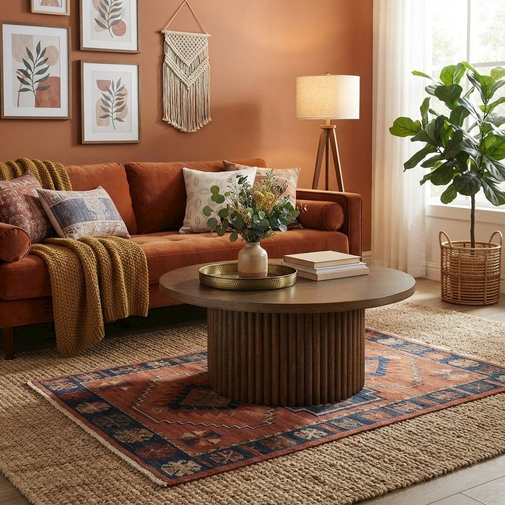 Acacia Veneer Round Mid-Century Coffee Table, Fluted Pedestal Base, Chestnut