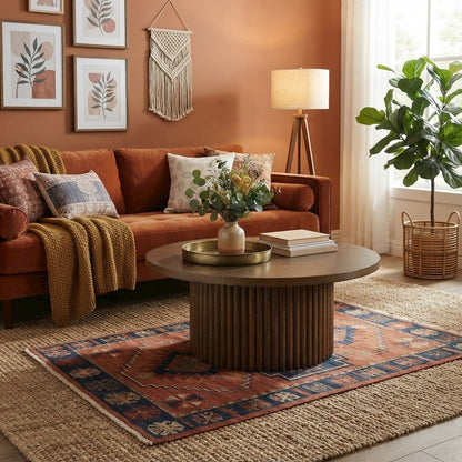 Acacia Veneer Round Mid-Century Coffee Table, Fluted Pedestal Base, Chestnut