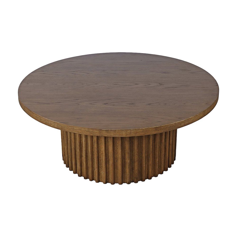 Acacia Veneer Round Mid-Century Coffee Table, Fluted Pedestal Base, Chestnut