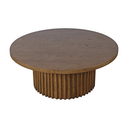 Acacia Veneer Round Mid-Century Coffee Table, Fluted Pedestal Base, Chestnut