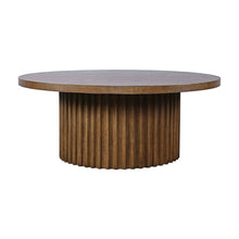 Acacia Veneer Round Mid-Century Coffee Table, Fluted Pedestal Base, Chestnut