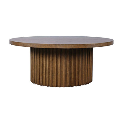 Acacia Veneer Round Mid-Century Coffee Table, Fluted Pedestal Base, Chestnut