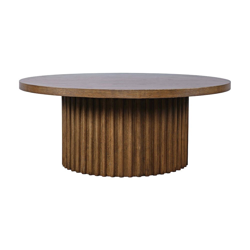 Acacia Veneer Round Mid-Century Coffee Table, Fluted Pedestal Base, Chestnut