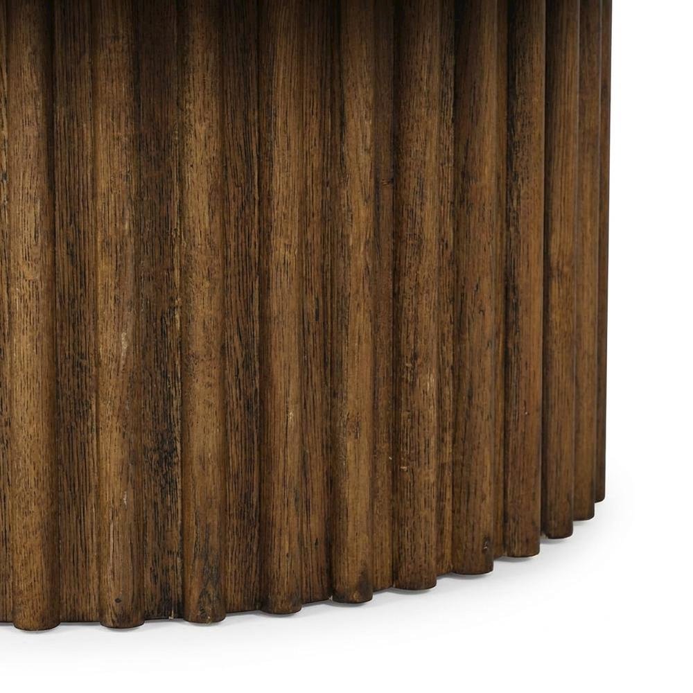 Acacia Veneer Round Mid-Century Coffee Table, Fluted Pedestal Base, Chestnut