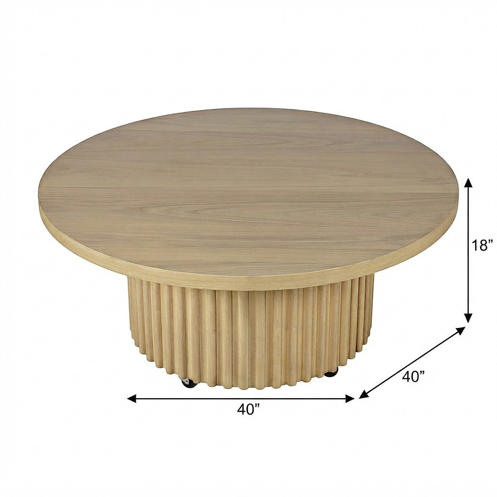 Acacia Veneer Round Mid-Century Coffee Table, Fluted Pedestal Base, Natural