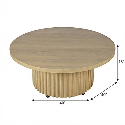 Acacia Veneer Round Mid-Century Coffee Table, Fluted Pedestal Base, Natural