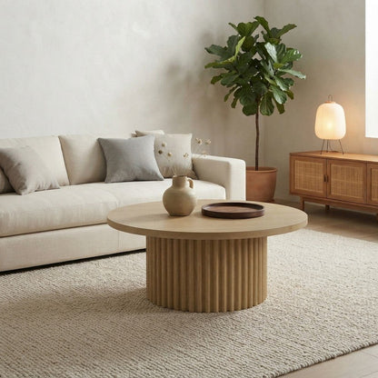 Acacia Veneer Round Mid-Century Coffee Table, Fluted Pedestal Base, Natural